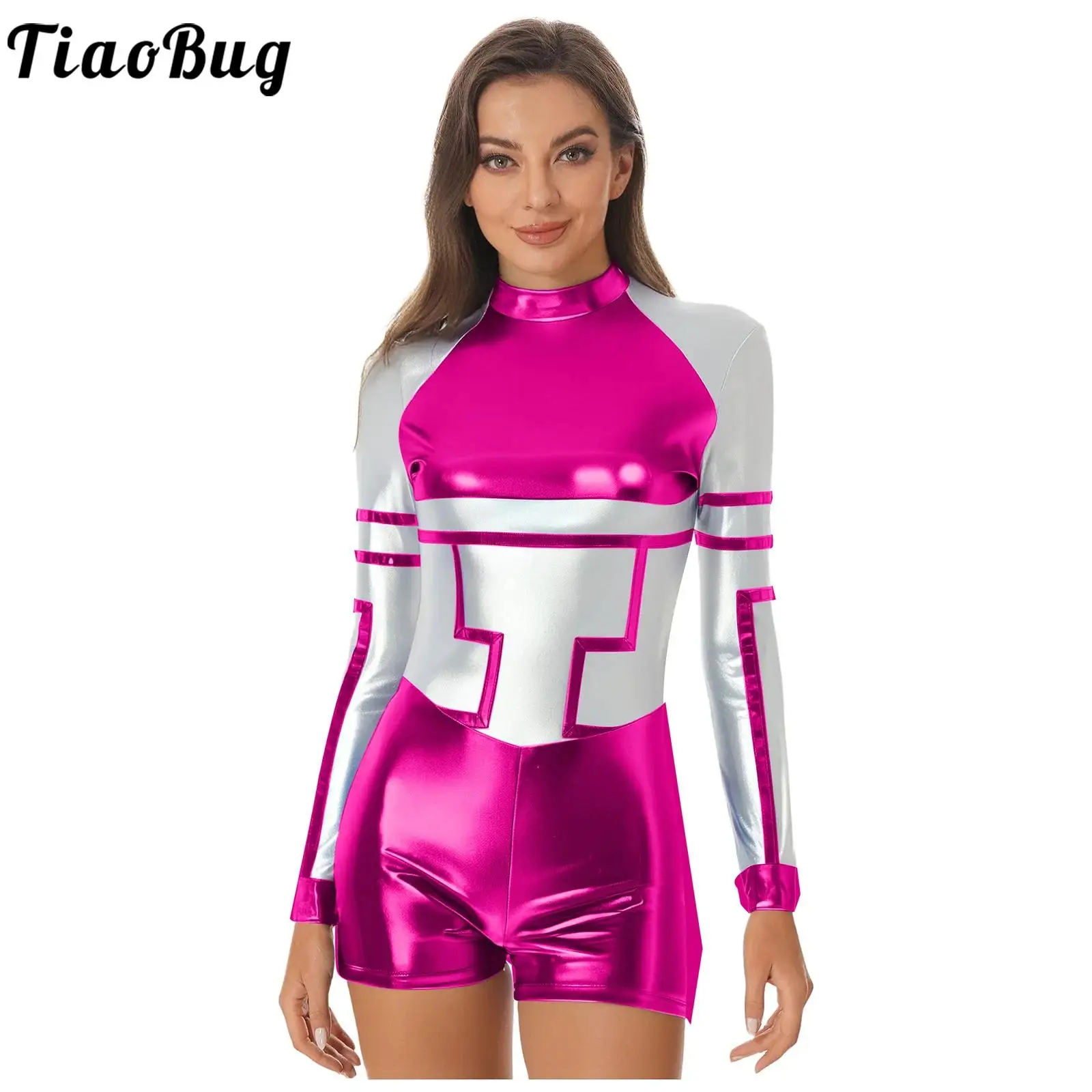 

Women Shiny Halloween Alien Robot Cosplay Jumpsuit Contrast Color Metallic Long Sleeve Bodysuit for Astronaut Space Theme Party