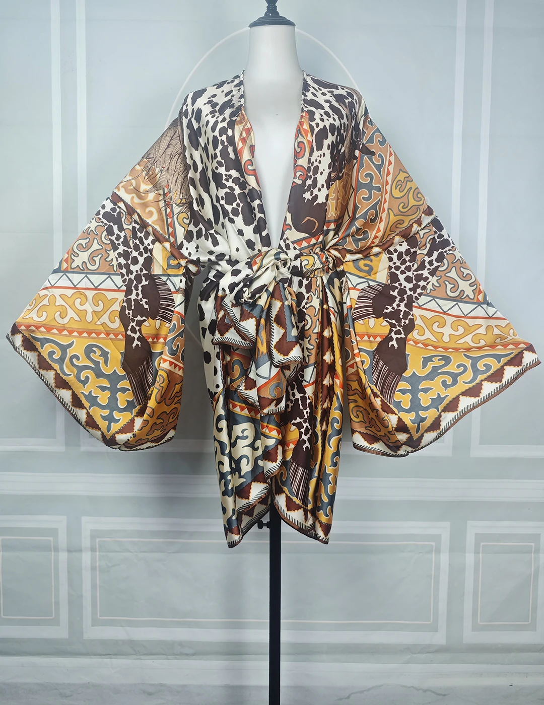 Women's Leopard Patchwork Printed Short Cardigans Oversized Sexy Lady Holiday Resort Wear Open Front Kimonos Maxi African robe