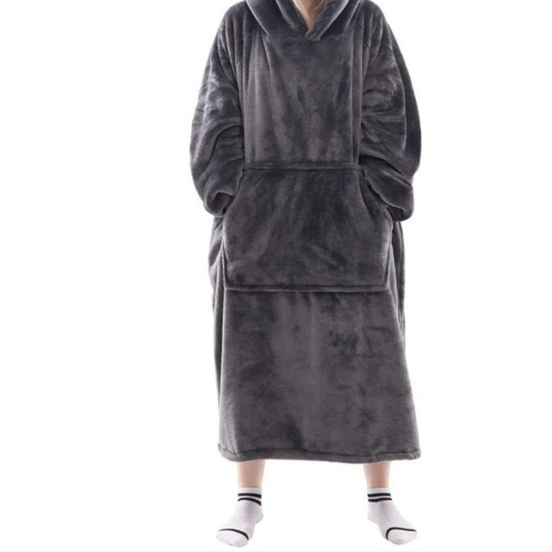 

Long-sleeve Lightweight Plain Big-pocket Bathrobe for All Seasons, Christmas Hooded TV Blanket Long Bathrobe