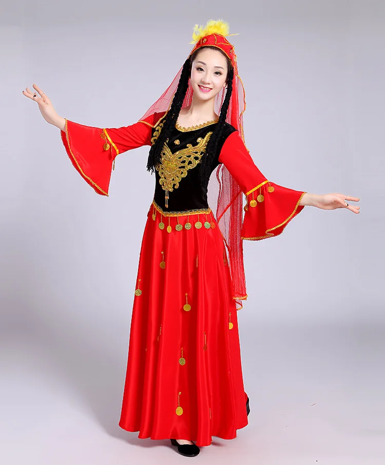 Xinjiang Dança Performance Fantasia, Vestido Étnico, Praça Roupa, Chinês Tradicional, Yangko Fantasia de Dança Folclórica, Palco Festa