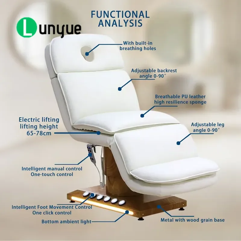 Height Adjustable Automatic Wood Grain Base Facial Care Bed with Light Massage for Beauty High Quality Popular Model