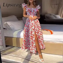 Summer High Waist Button Pleated Dress Fashion Lotus Edge Flying Sleeve Dress Sweet Lady Square Neck Floral Print Bohemian Dress