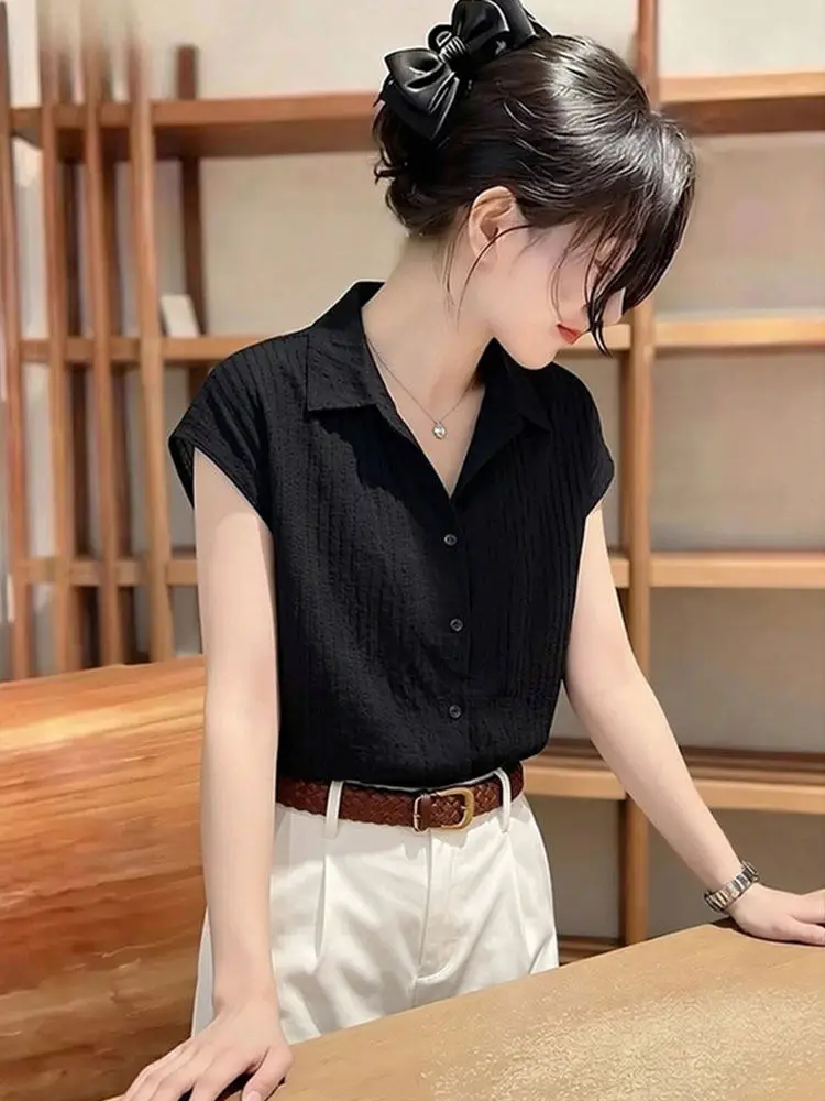 

Black Neck Shirt Women's Style Commute High Quality Slimming Top Korean Version Breathable Short Sleeve Pure Color