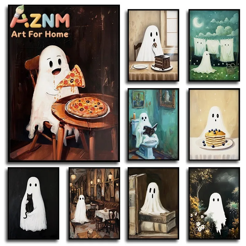 Vintage  Academia Halloween Cute Ghost Eat Pizza Posters and Prints Canvas Printing Wall Art Picture for Living Room Room Decor