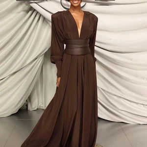 Frauenkleid mit V V, Langarm, Hochzeitsfeierkleid, braunes Kleid, hoher Taillengürtel, Mode, Sie, Frühling, 2022 8 Hauptverkäufe langes braunes Kleid - №6