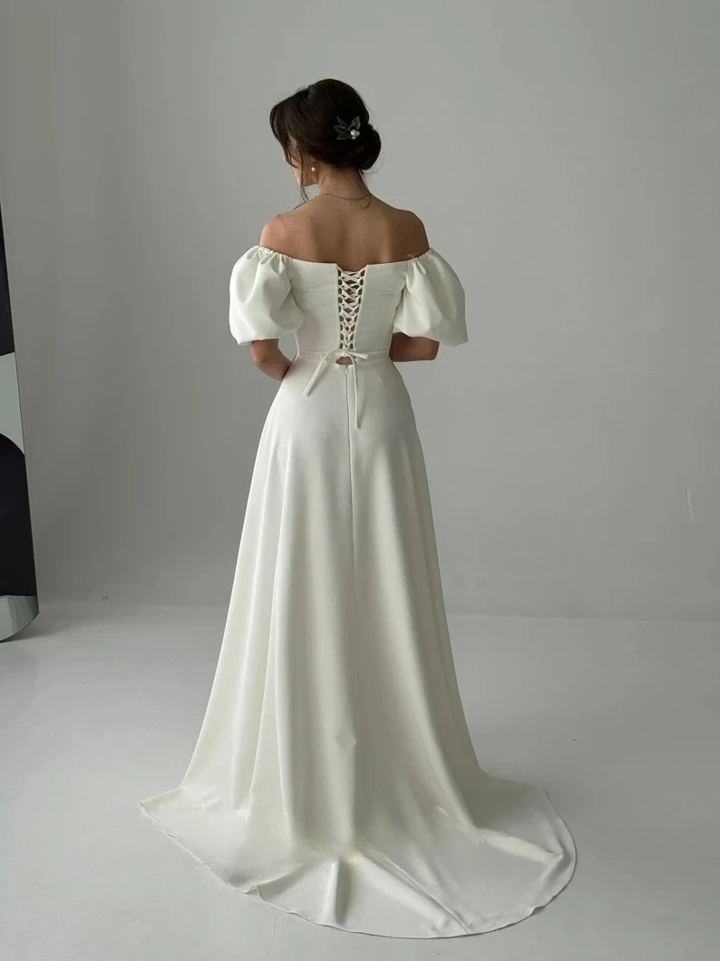 Customizable Fairy Tale A-Line Wedding Gown, Sweetheart Neck Puff Bubble Short Sleeve Floor Satin Train Bridal Dress