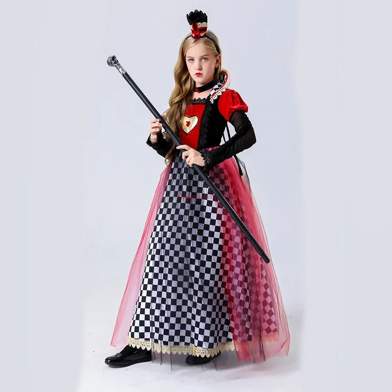 Children Red Queen Of Hearts Dress Cosplay Girls Princess Alice Stage Performance Halloween Costume
