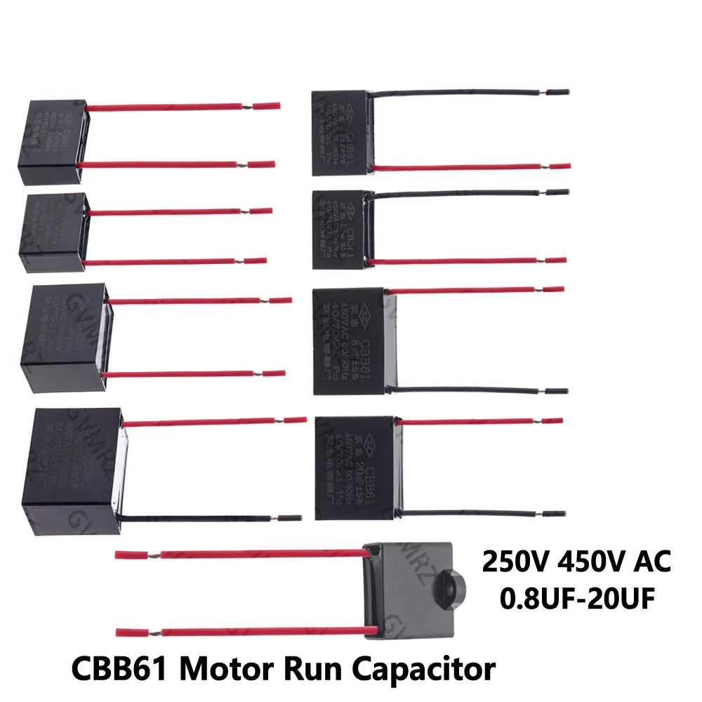 CBB61 Motor Run Capacitor 1.5–20uF 250V 450V AC Polypropylene Film for Fan Motor Replacement