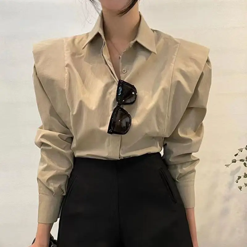 Korean Spring Vintage Women Simplicity Lapel Collar Hidden Buckle Patchwork Ruffles Loose Long Sleeved Solid Color Casual Tops