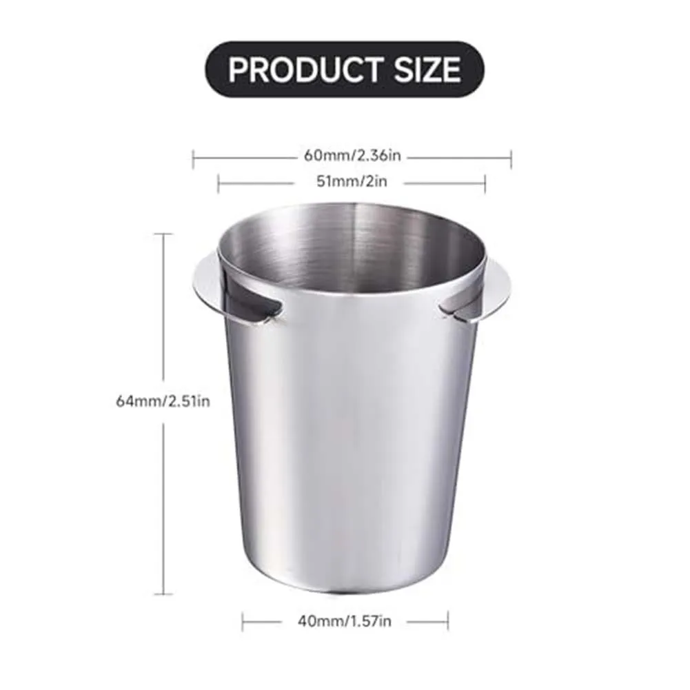 Stainless Steel Coffee Dosing Cup Aligned for Portafilter Tray Integration to Deliver Predictable Grounds Amount per Brew Cycle