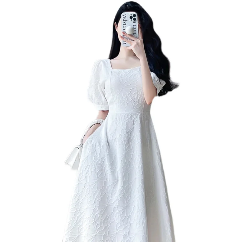 Summer Elegant White Midi Dresses for Women 2023 Vintage Casual Short Sleeve A-Line Fashion Party Vestidos Femme Clothes Robe