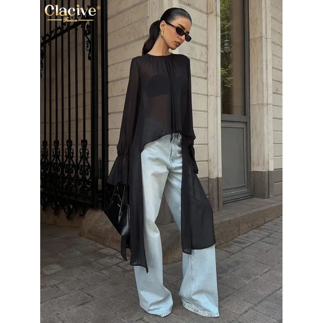 

Clacive Faion Loose Bla Women's irt 2025 Casual One Ne Cleanfit Synthetic Fiber A-Line Sve Women's Premium Clothing