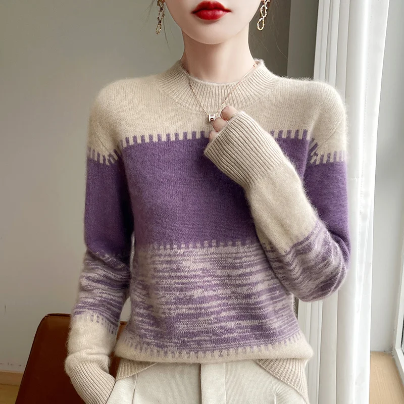 100% Merino Wool Round Neck Color Contrast Striped Jumper Autumn/Winter Thick Warm Long Sleeve Sweater Soft Short Top