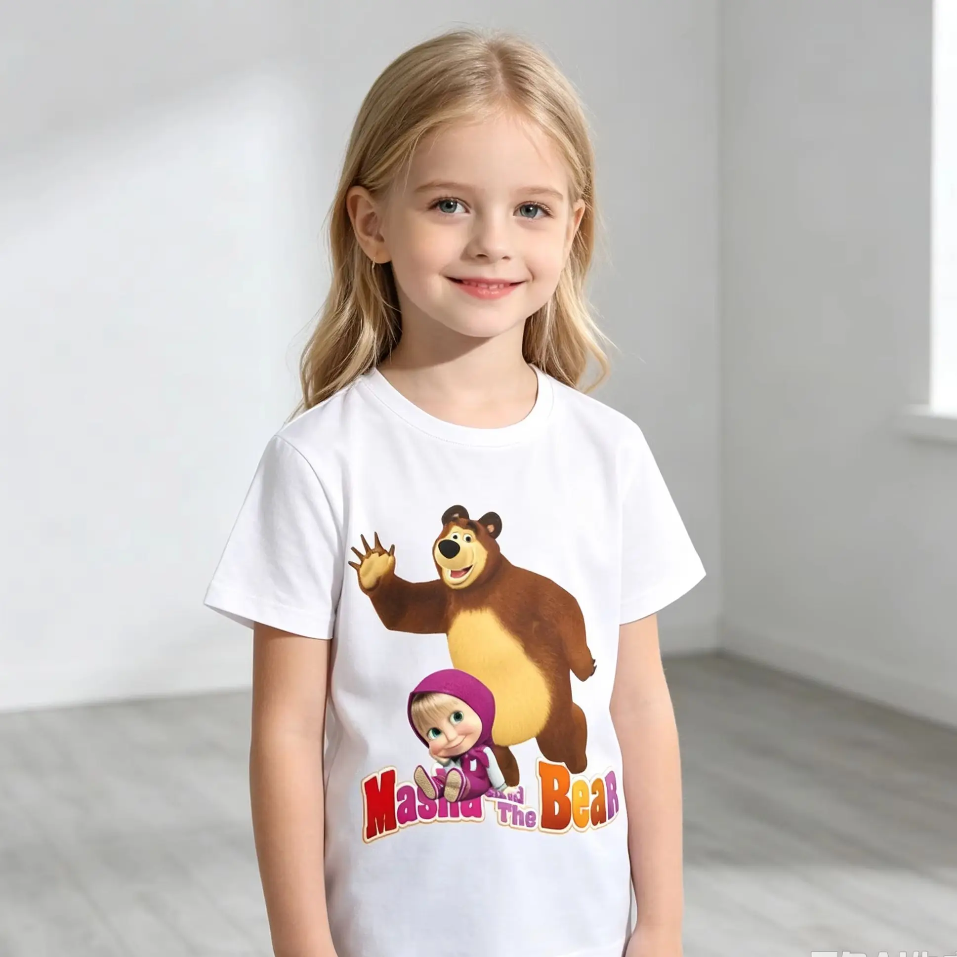 Premium 100% Cotton Kids T‑Shirts Masha and The Bear Cartoon Print Short Sleeve Tees Boys Girls Casual Children Summer Tops