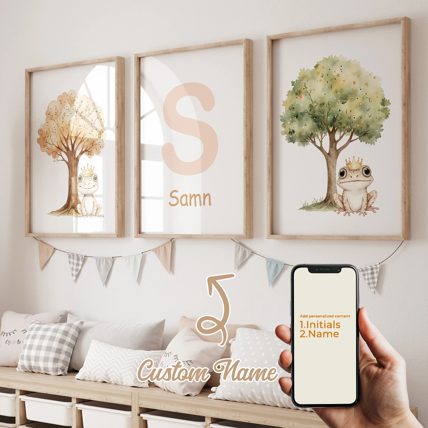 

3pcs Personalized Name Custom Cute Frog Prince Green Yellow Big Tree Wall Art Print Picture Living Room Kids Room Home Decor