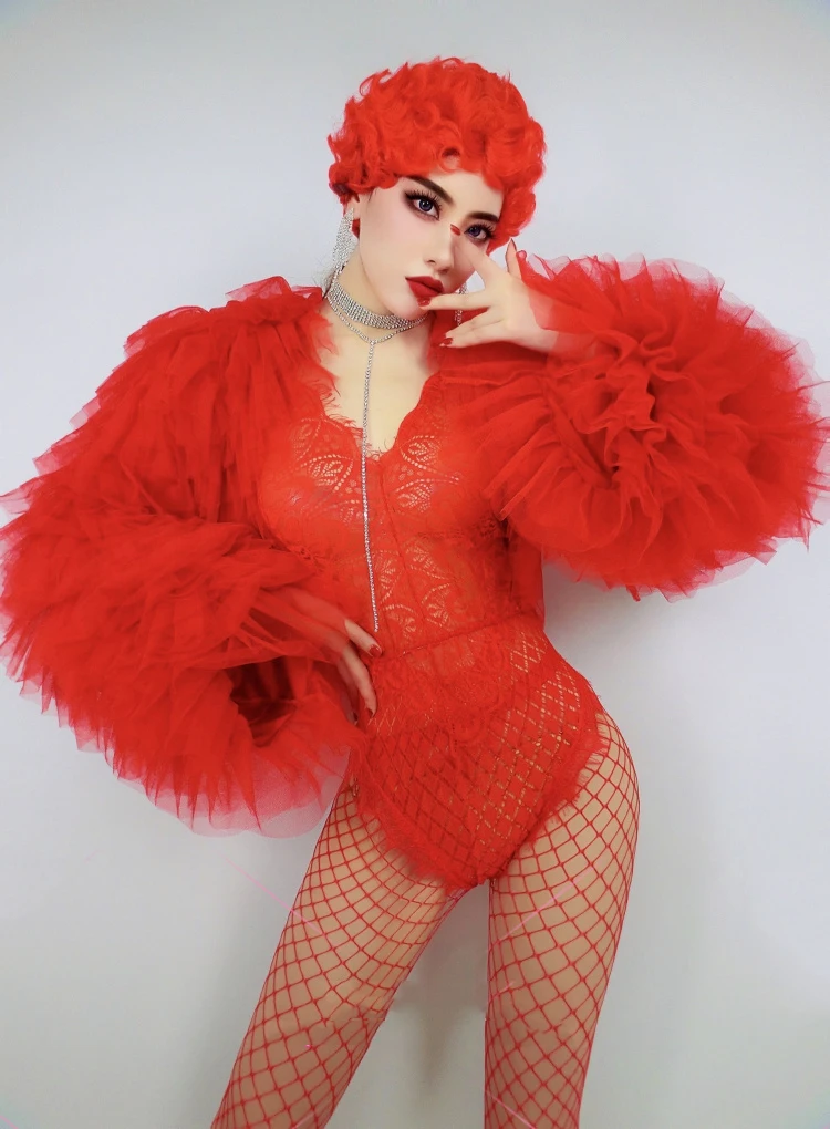 Women Red Lace Bodysuit Exaggerated Puffy Sleeves Singer Gogo Dancer Drag Queen Stage Outfits Nighclub Dance Costume