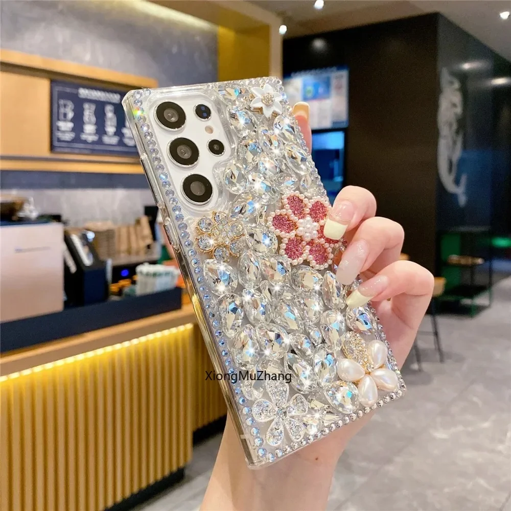 Glitzernde Rosa Perlen-Blumen-Hülle für Samsung Galaxy A36 A33 A53 A56 A73 A54 A55 A13 A57 A37 Strass Silber Diamant Cover – Detail 4