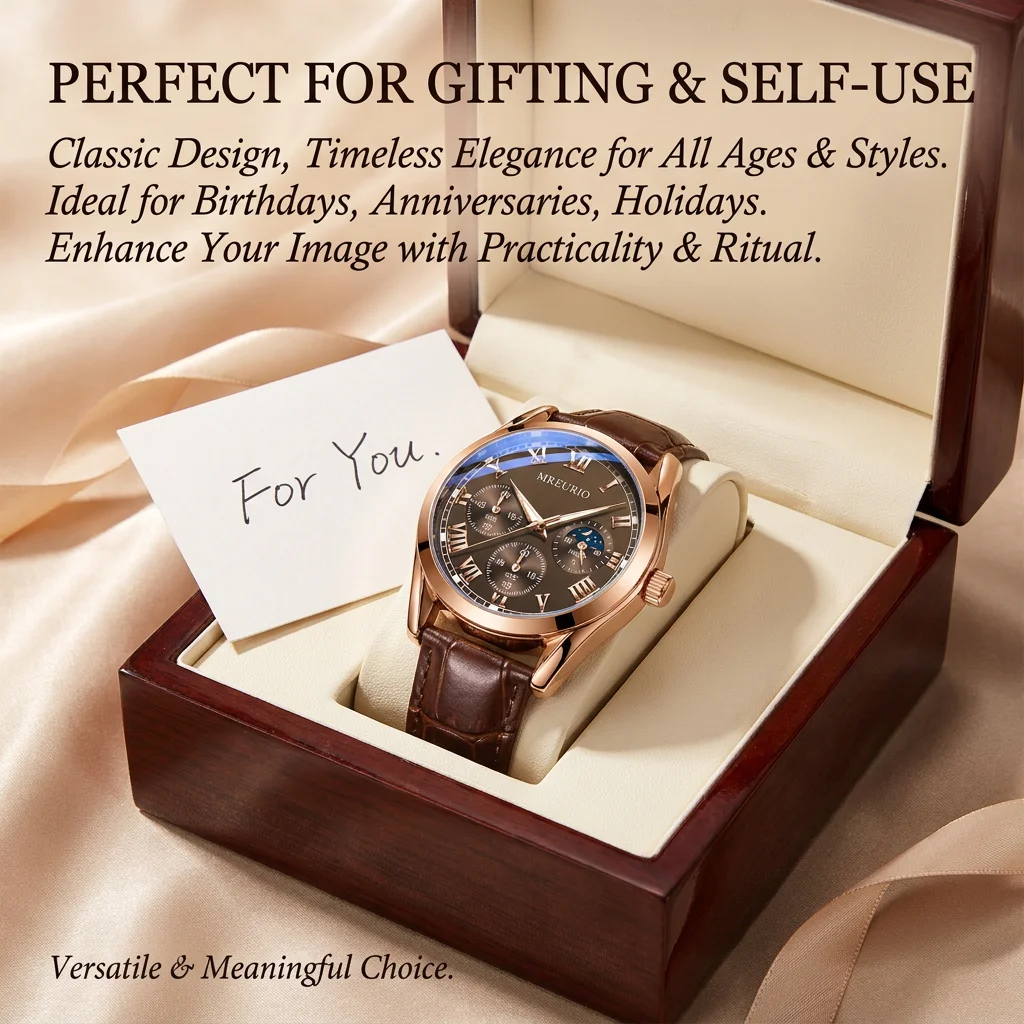 4pcs Gift Box Set Men's Coffee Dial Leather Strap Fashion Jewelry Details Quartz Watch Gift Box Set for Party Holiday