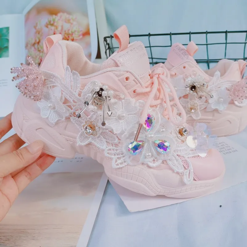 Peach Pink Lace Rhinestone Flowers Sweet Girl Dad Shoes Thick Soled Women's Shoes With Straps Lolita Sweet Single Shoes