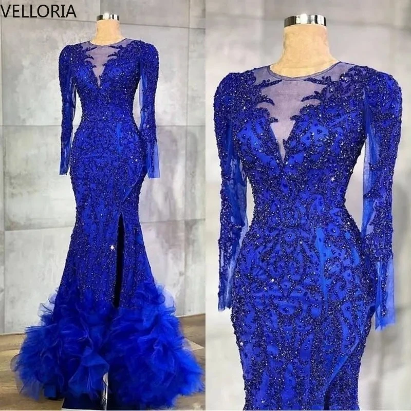 

Blue Lace Women's Evening Dress Luxurious Beaded Mermaid Party Dress Elegant V-neck Long Sleeved Ball Gown Customized
