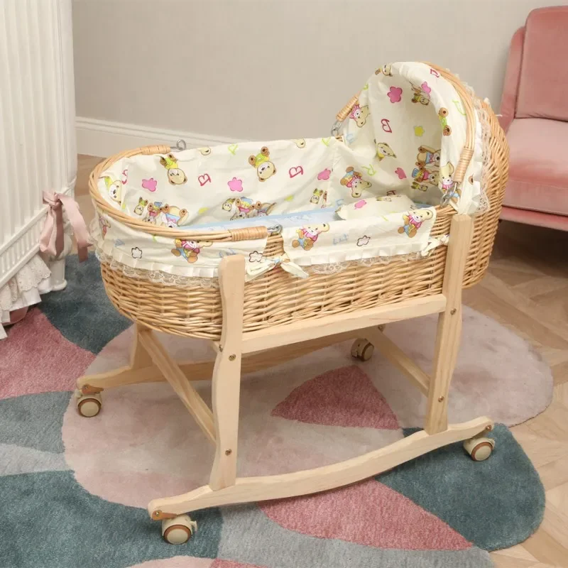 2024 New Upgrade Wooden Portable Baby Cradle Bed with Roller Baby Rocker 360 Degree Rotating Wheel Newborn Baby Crib 0-24M