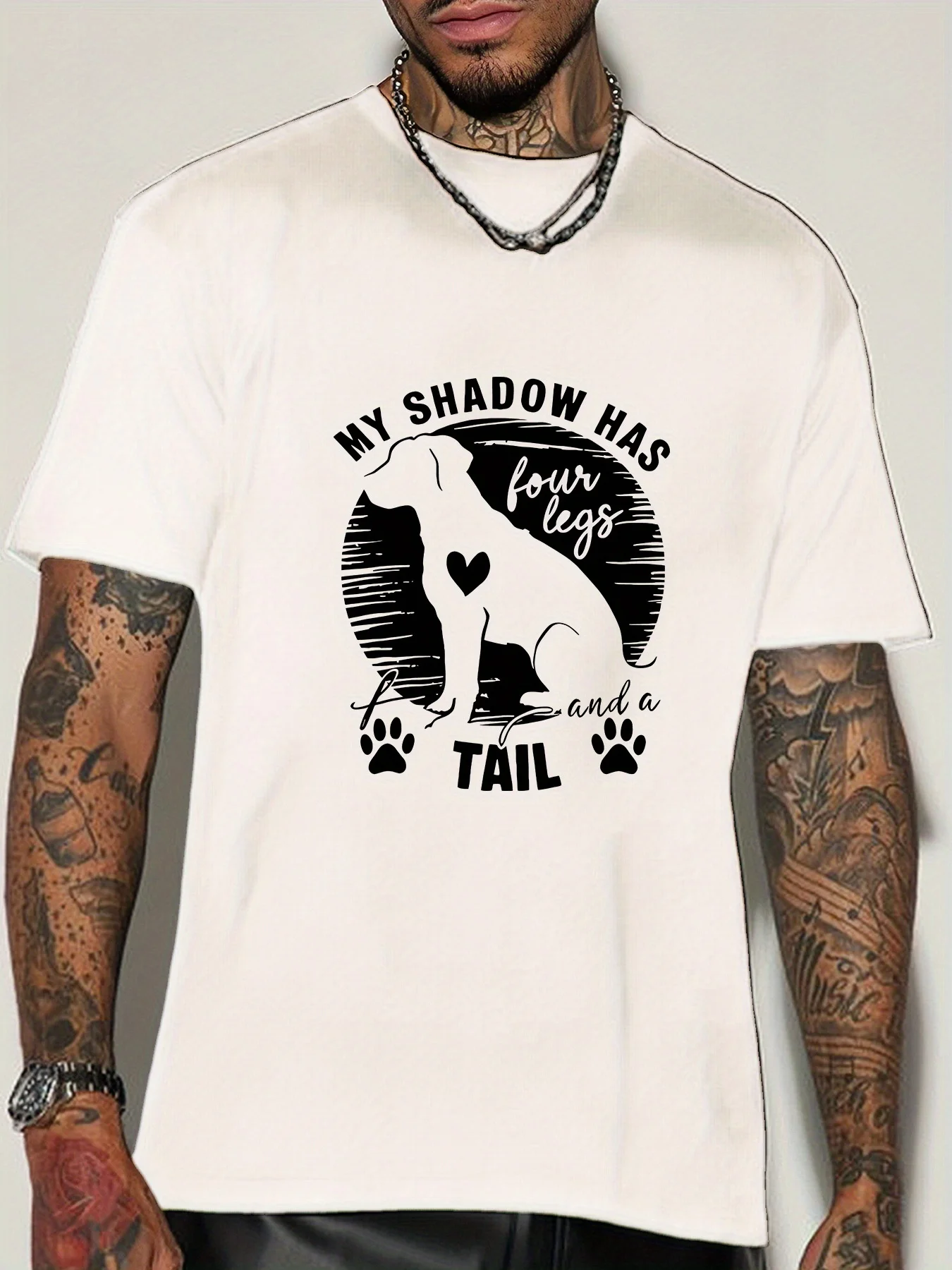Men Short Sleeve Crew Neck T Shirt Dog Silhouette My Shadow Has Four Legs Slogan Pet Theme Casual Cotton Streetwear Tee