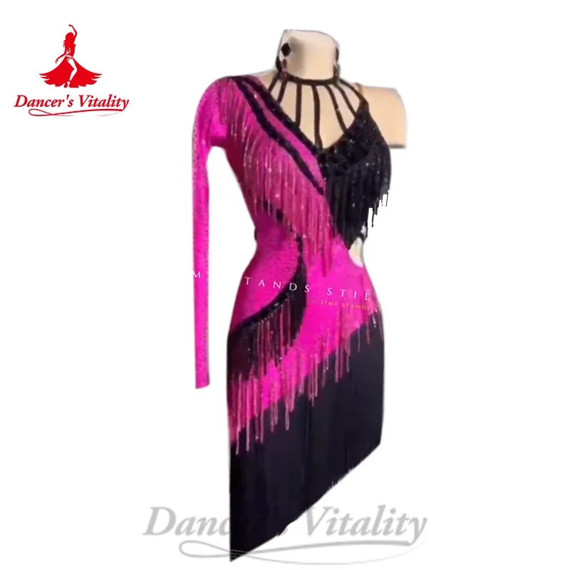 

Latin Dance Costume Light Luxury Rhinestone Tassel Dress Women's Customized Chacha Tango Samba Professional Performance Costumes