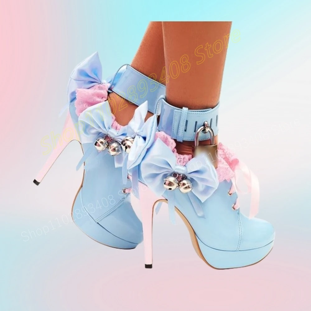 Escarpins à nœud papillon bleu bébé pour femmes, chaussures à talons hauts, conception de serrure à lacets, multicolore, décoration de cloche, cosplay, 2024