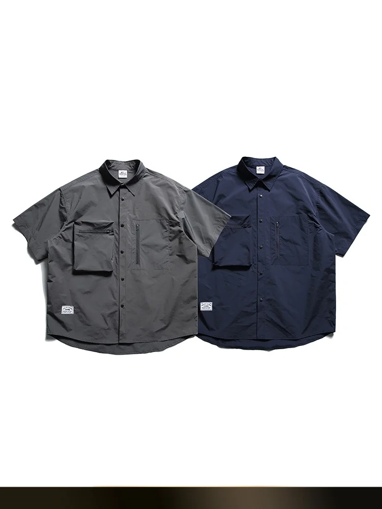 

NTED Japanese Sle Simple Silhouette Functional Workwear ort Sve irt Outdoor Multi ket Qui Dry Collar irt