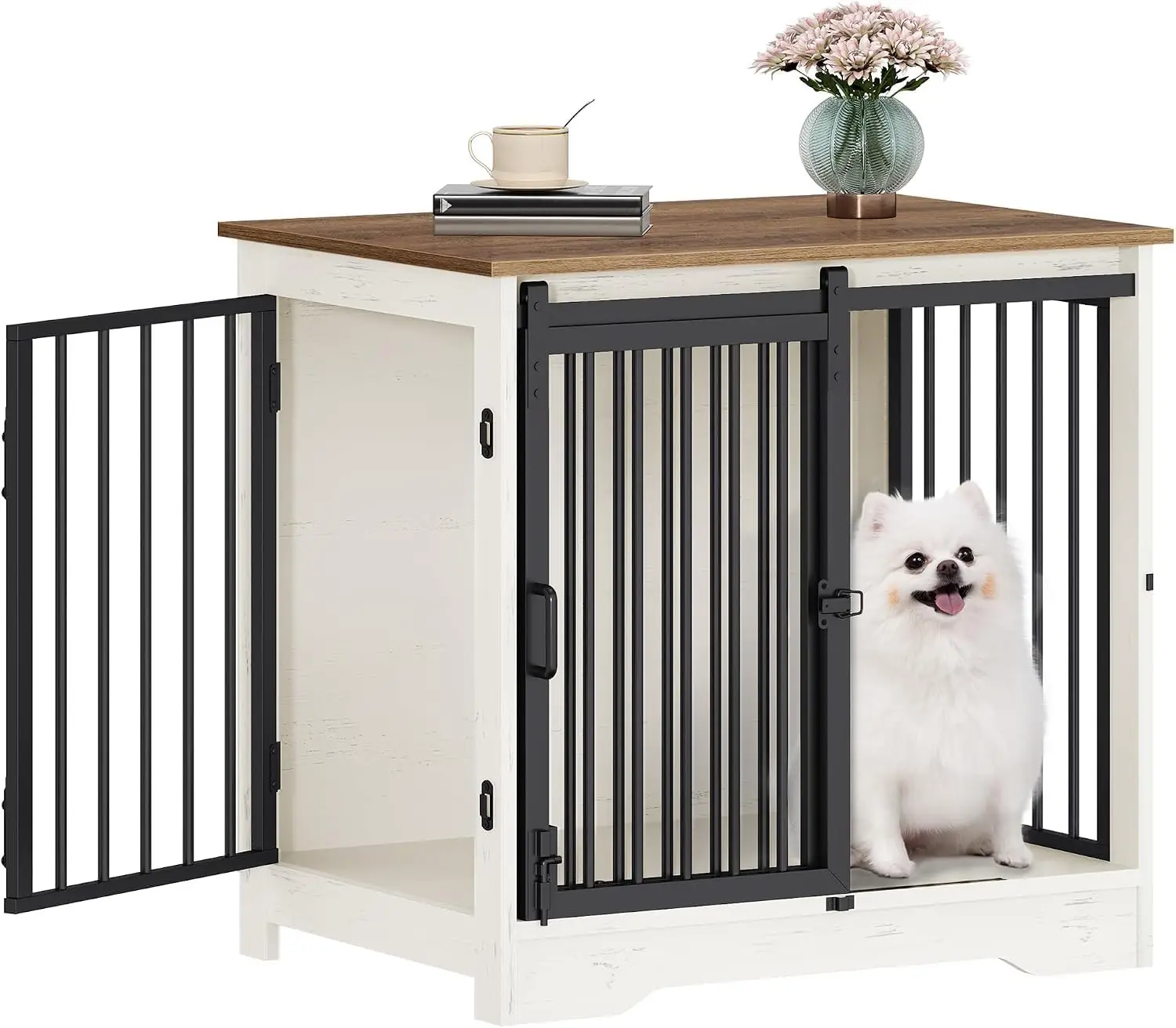 27.2 Inch Wooden Dog Crate Furniture, Heavy Duty Anti-Chew Indoor Pet Kennel with Dual Barn Doors, Escape-Proof Pet Cage, Multifunctional End Table TV Stand for Small Dogs, White Brown