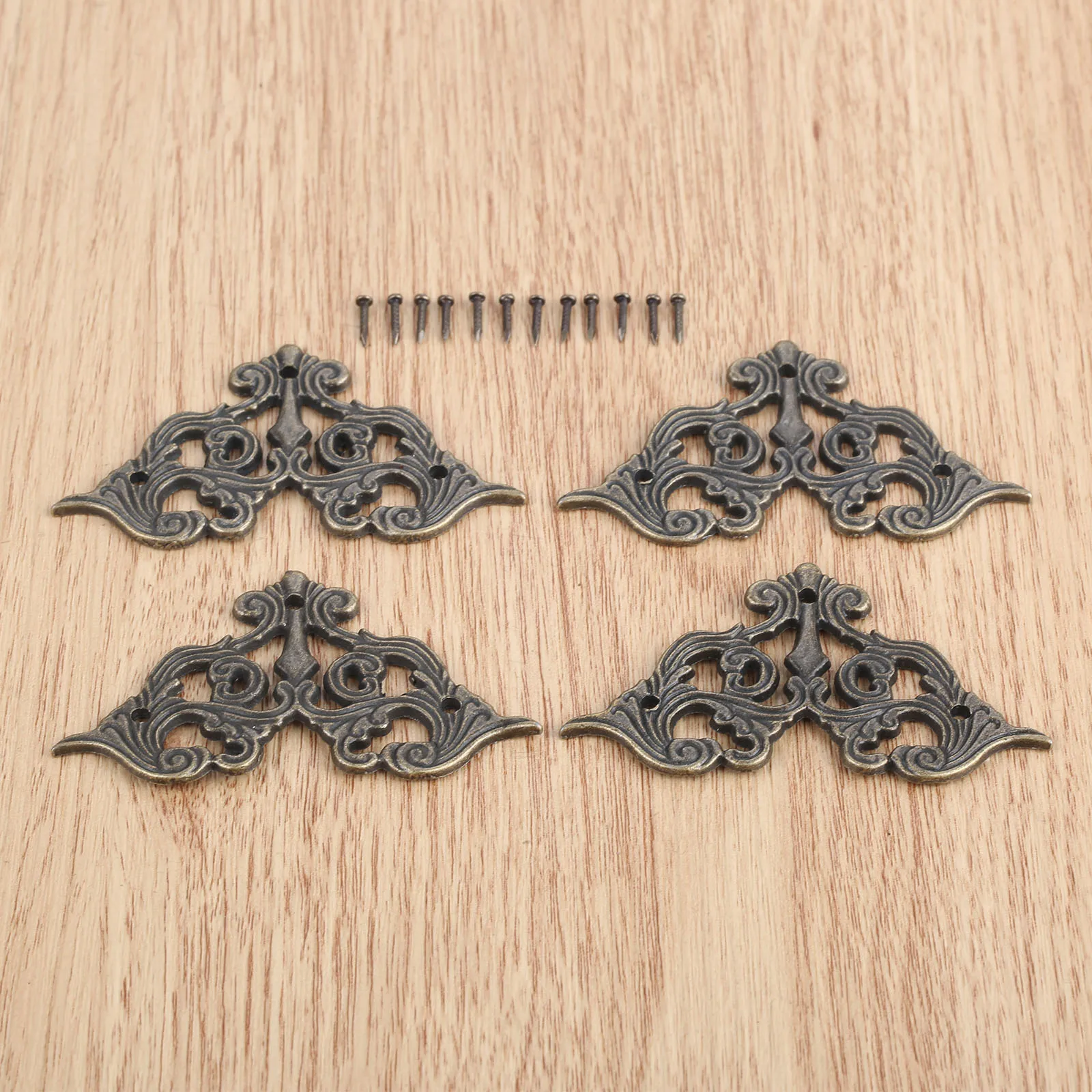 4pcs Hollow Corner Protectors Antique Bronze Lace Butterfly Patch Jewelry Box Feet Wood Gift Case Desk Leg Alloy 62mm w/nails view 4