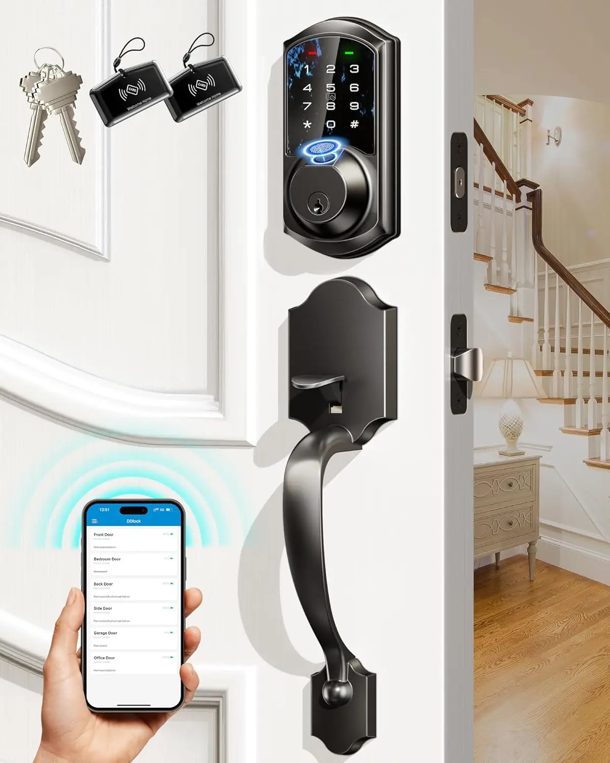 Veise VE07-H Fingerprint Smart Locks for Front Door with Handle Set, App Control, Keyless Entry Keypad Deadbolt
