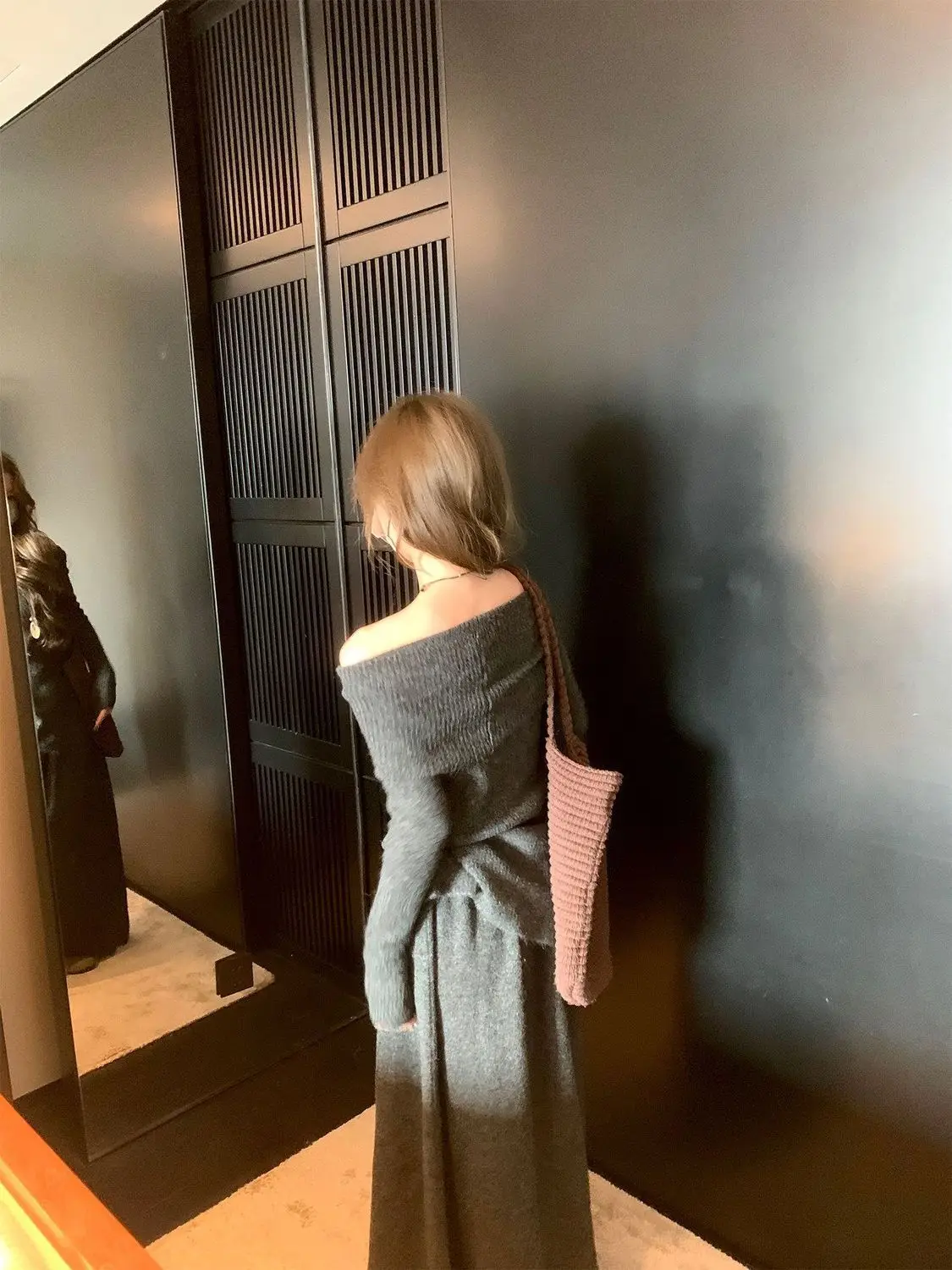 Sweater Set Women's Autumn and Winter New Knitted Sweater One-word Shoulder Bottoming Shirt Side Slit Skirt Set