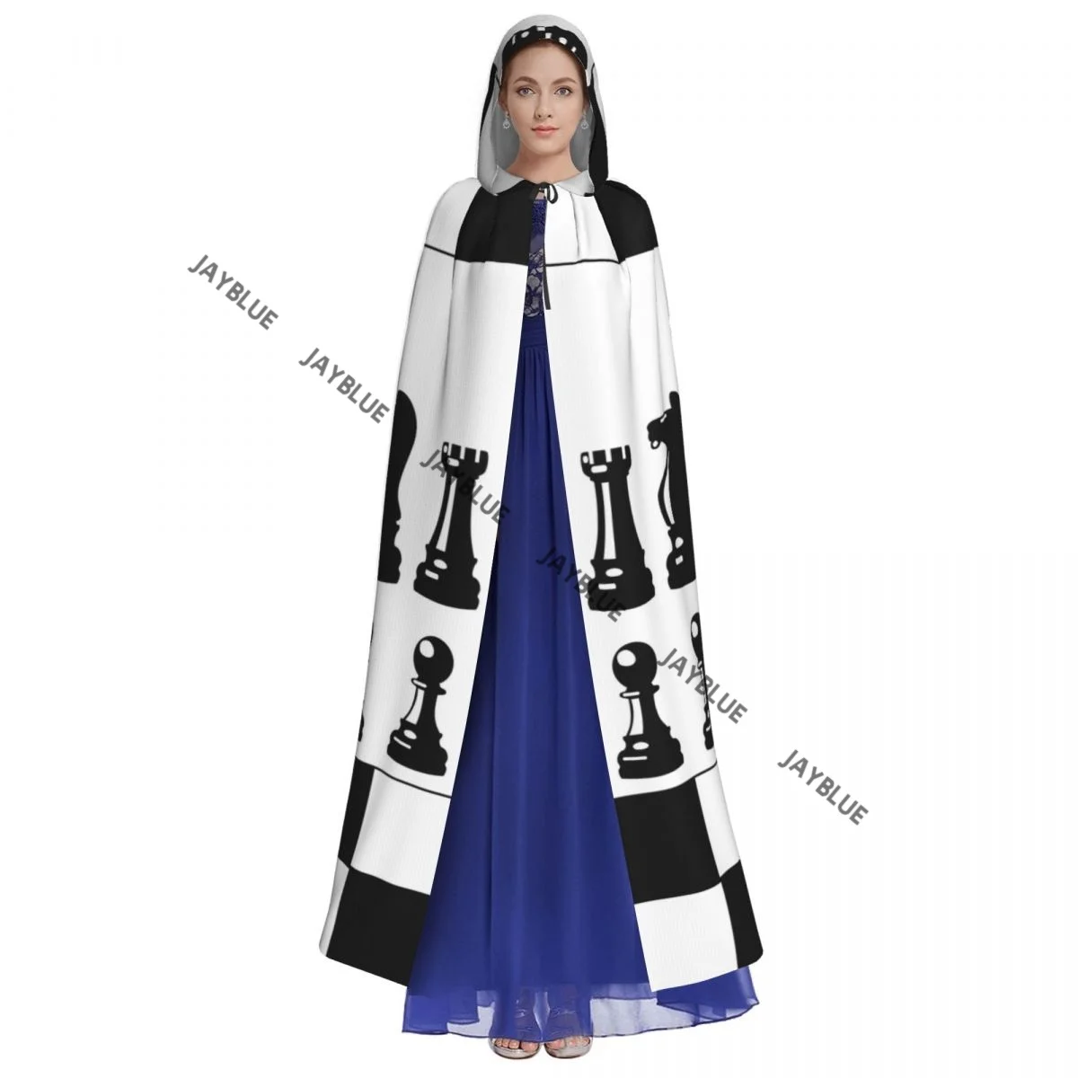 Black And White Chess Pieces Hooded Cloak Polyester Unisex Witch Cape Costume Accessory