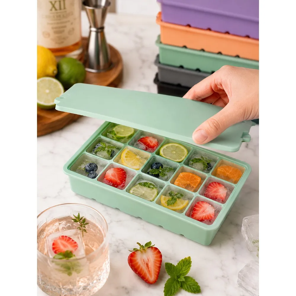 15-Grid Silicone Ice Cube Tray with Lid Large Square Ice Mold for Whiskey Cocktails Reusable Easy Release Ice Maker view 6