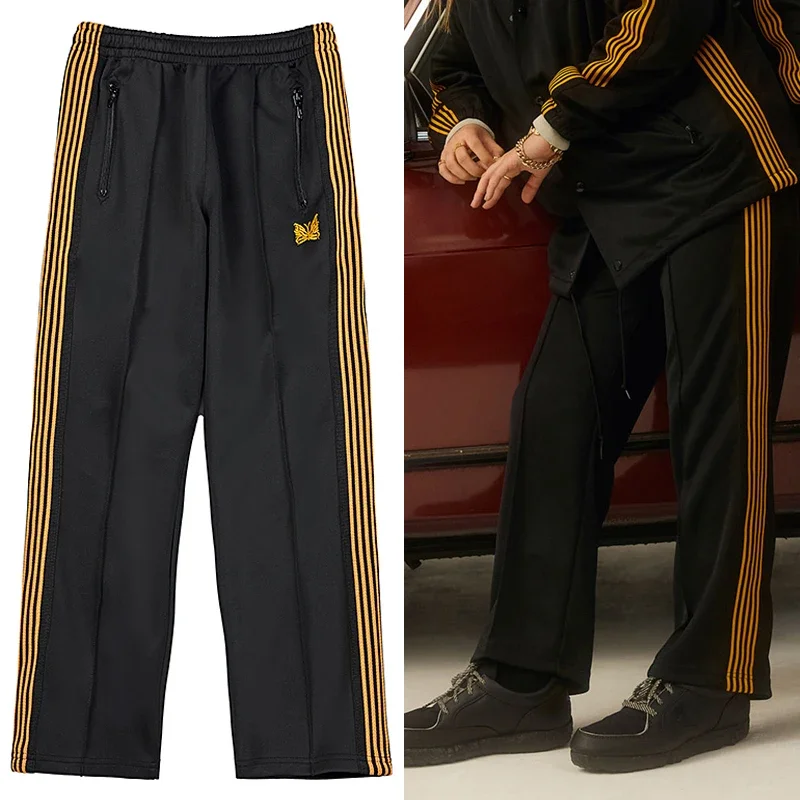 Arrival Yellow Webbing Track Stripe Black Sweatpants Butterfly Embroidery Pants Zipper Men Women Oversize New Trousers