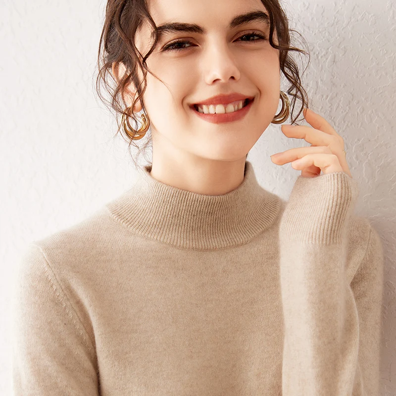 Autumn and Winter New 100% Pure Cashmere Women's Semi High Neck Loose Fitting Pullover Knitted Solid Color Sweater Inner Top