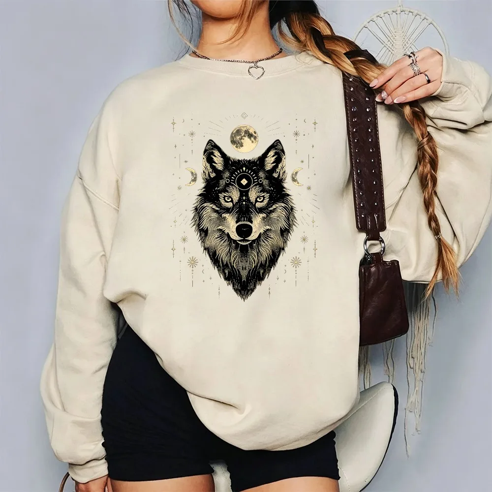 Celestial Wolf Moon Phase Graphic Pullover Vintage Mystical Wild Animal Star Art Print  Casual Long Sleeve Fall Winter Sweat Top