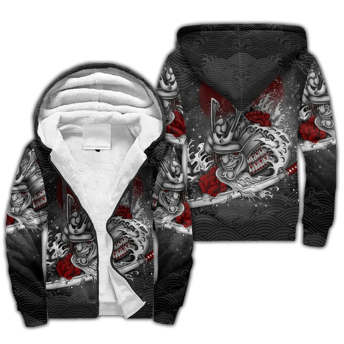 

Men's plush zipper hoodie Samurai and Dragon tattoo 3D printed zipper hoodie Unisex winter casual warmth wool zip hooded jacket