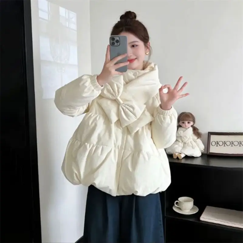 Korean Age-reducing Sweet Stand-up Collar Apricot Cotton-padded Jacket Women's High-end Sense Versatile Bow Scarf Bread Clothes