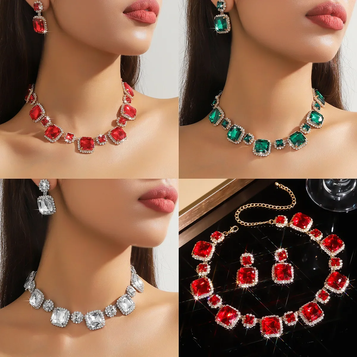 Sparkly Square-shaped Rhinestone Crystal Art Deco Choker Necklace Stud Earrings Set Necklaces Earrings Jewelry Set for Ladies