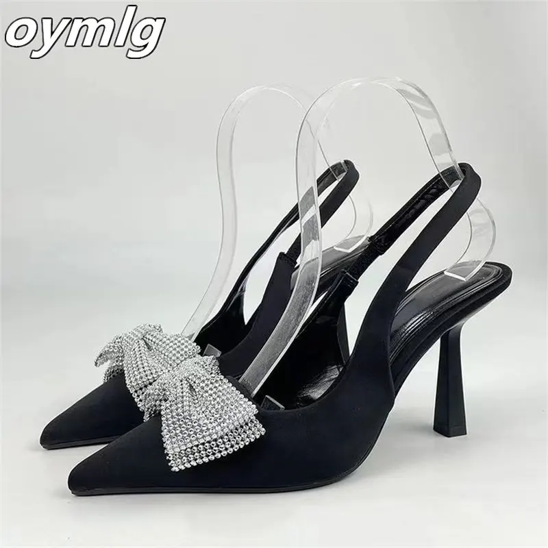 New elegant high-heeled shoes pointed shallow bow decorated with water brick back strap exposed heel wrapped sandals female