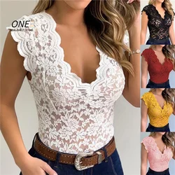 S-5XL Lace Blouses Shirts Sexy Club Female Acrylic Shirts Deep V Summer Fashon Tops Lace Sexy V Neck Sleeveless Fashon Top