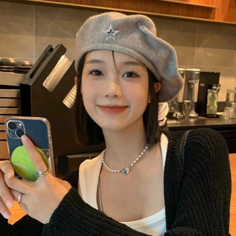 

Ladies' Berets Star Solid Color Fashionable Versatile Korean Sweet Artistic Beret Casual Autumn Winter Painter Hats For Girl