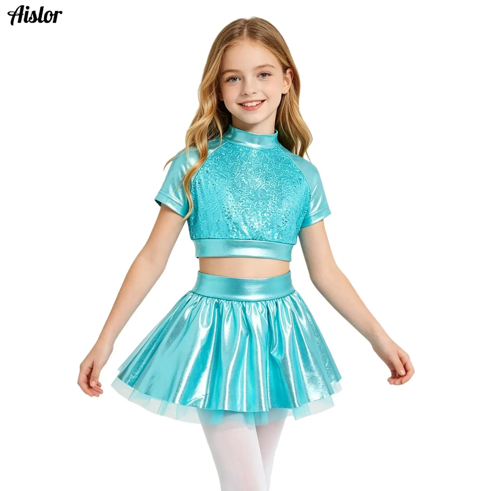 Kids Girls Jazz Dance Performance Outfit Mock Neck Short Sleeve Sequins Metallic Shirt Crop Top with Shiny Tutu Skirt Streetwear