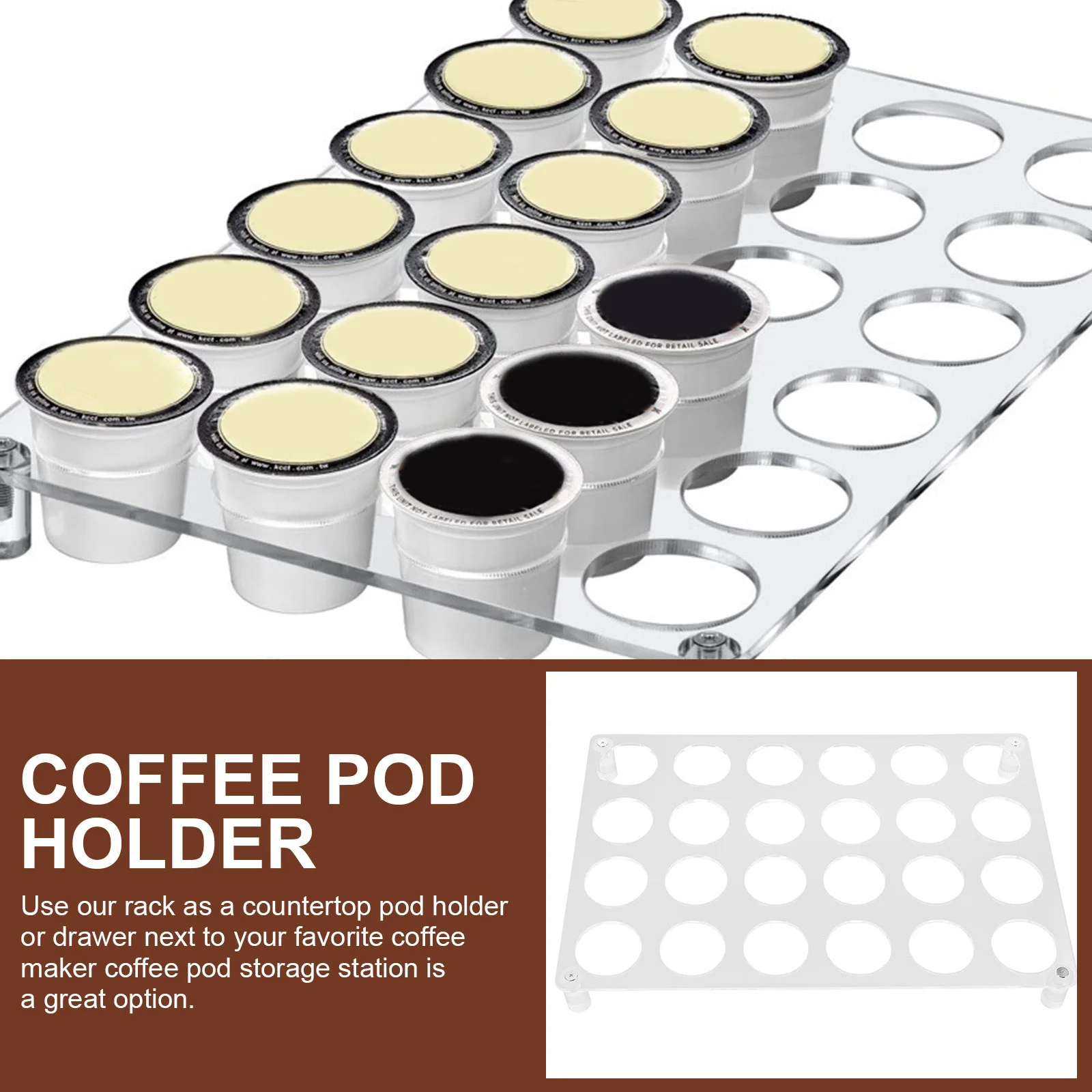 منظم تخزين كبسولة القهوة مكون من 24 فتحة من الأكريليك سهل التنظيف وعرض أنيق على سطح الطاولة ودرج ملحقات بار القهوة