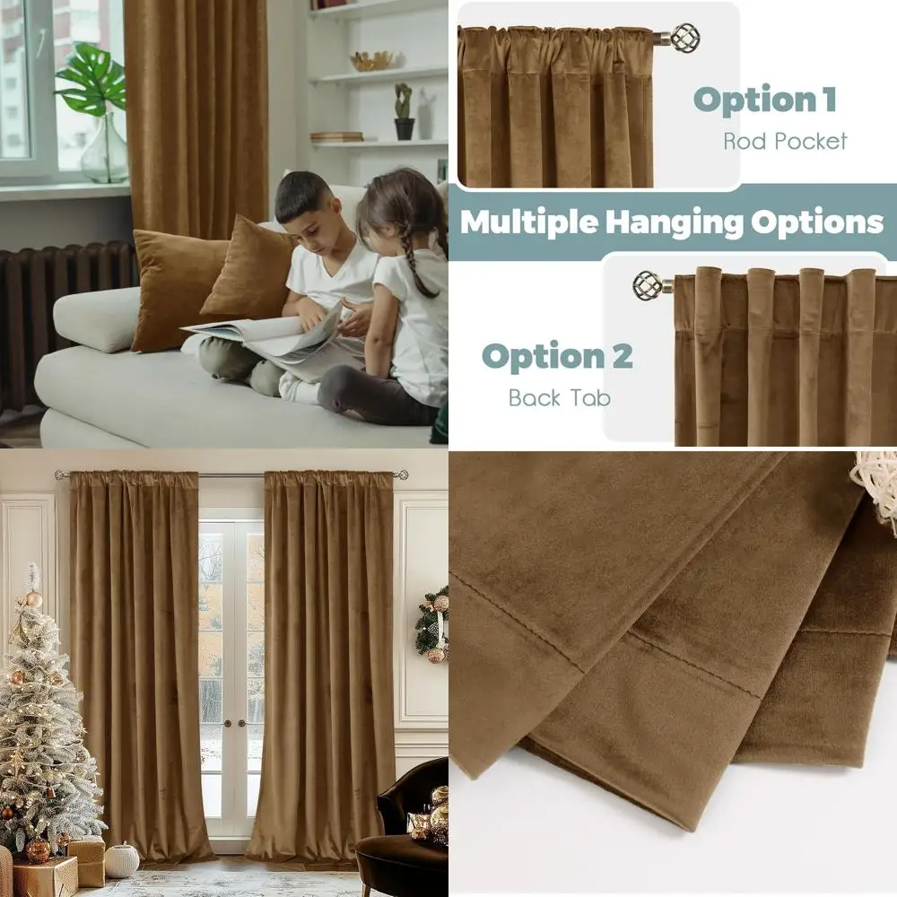 

Thick Insulated Brown Velvet Curtains, 52x108, Noise-Reducing, Blackout, Back Tab & Rod Pocket, Set of 2 for Bedroom/Living Room