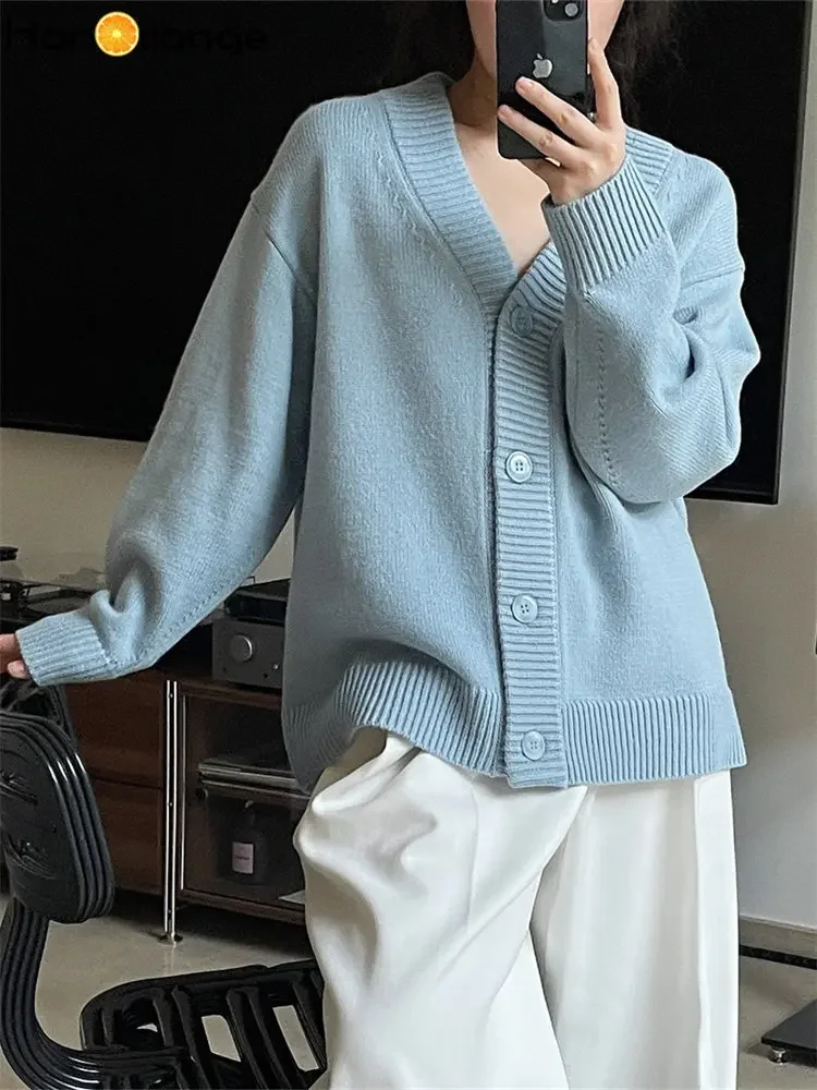 

HanOrange 2024 Spring Fashion Lazy Wool V-neck Sweater Women Cardigan Warm Fluffy Knitted Jacket Light Blue/Pink Purple