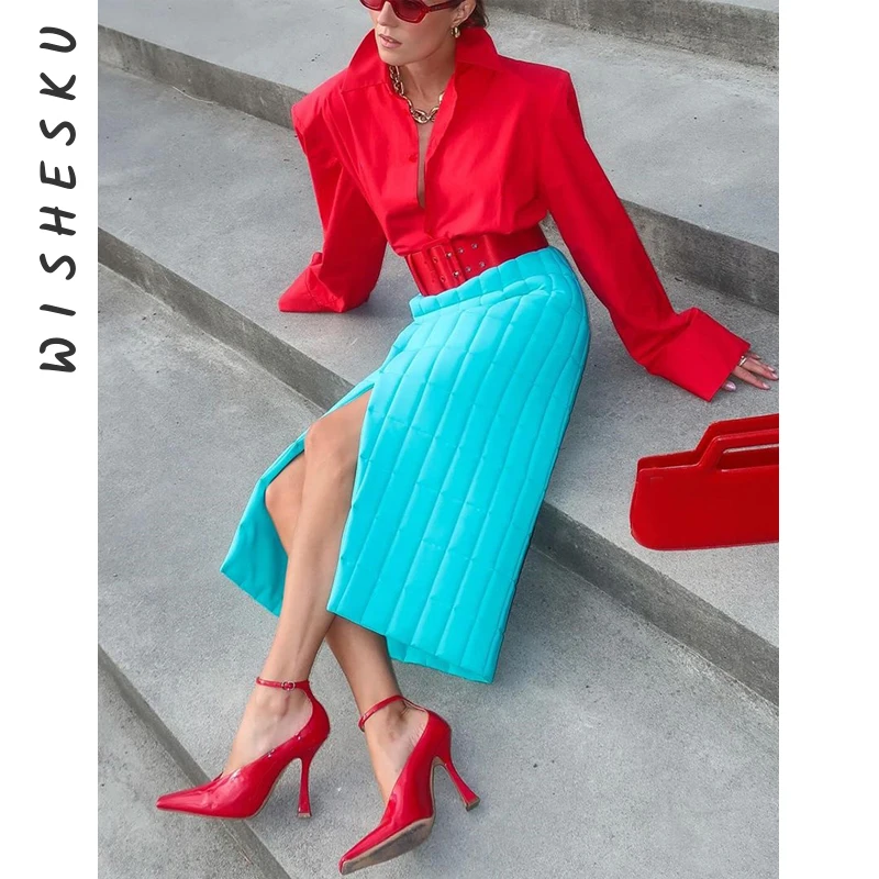 

Sexy Blue Slit Maxi Skirt Women High Waist Warm Thick Casual Long Skirts 2024 Fall Winter Harajuku Fairy Core Y2K Clothes