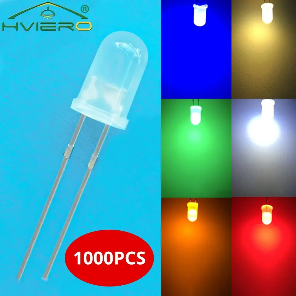 

1000Pcs 5mm Round Diffused White Red Green Blue Yellow Warm White Lightemitting Diode 2pin LED 6000~6500K Bulb Light Diodes Lamp